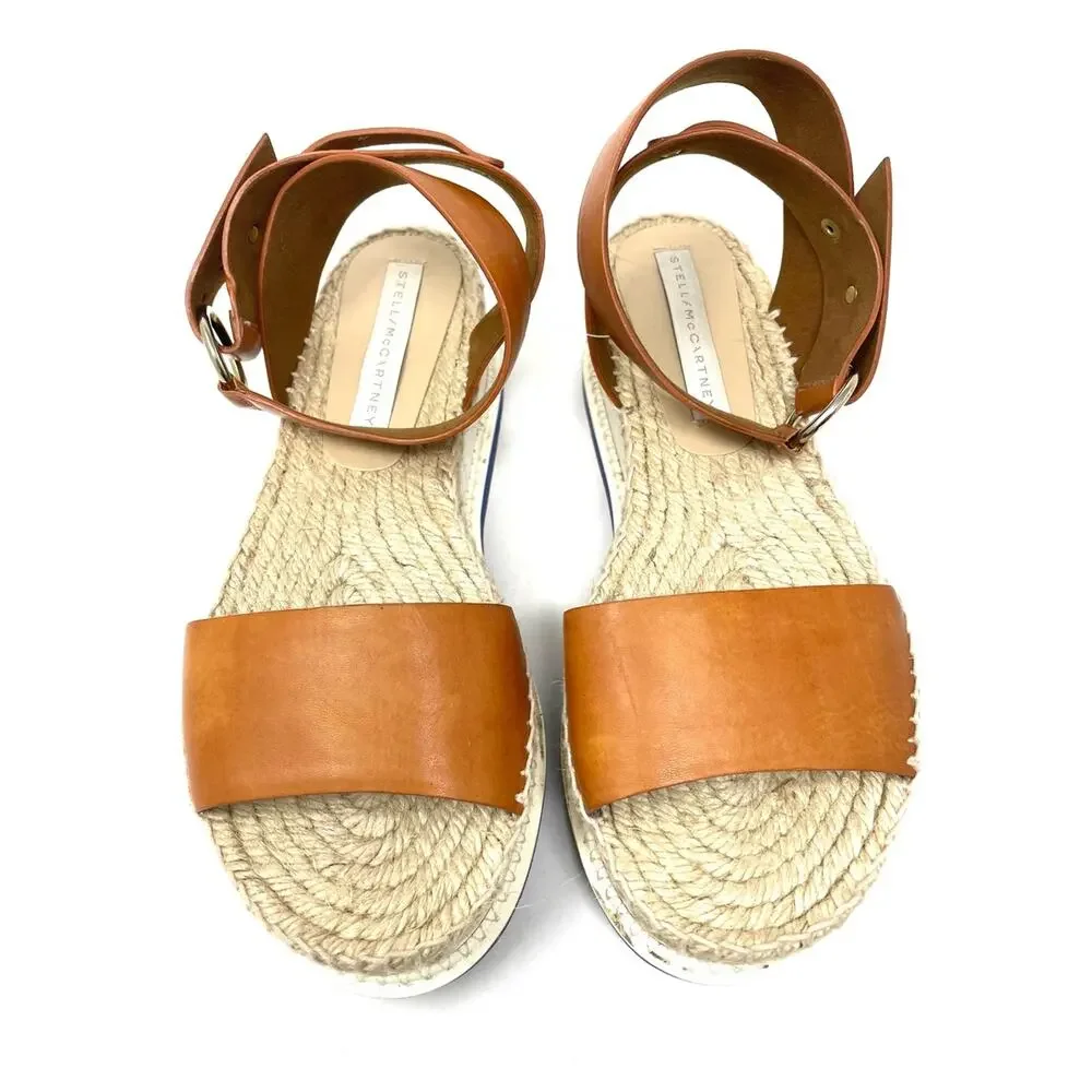 Stella McCartney Tan Leather Ankle-Strap Platform Espadrille Sandals, Women's 8